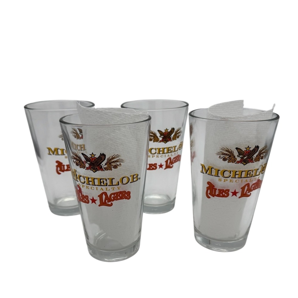 Set of 4‎ Michelob Specialty Ales & Lagers Pint Glasses Clear Red Gold Logo 16oz